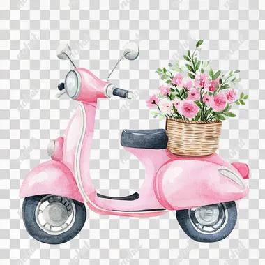 2D 4K bright color watercolor illustration cute pink scooter with a tiny floral bouquet in the basket clipart single object isolate on white background  --s 50