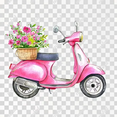 2D 4K bright color watercolor illustration cute pink scooter with a tiny floral bouquet in the basket clipart single object isolate on white background  --s 50