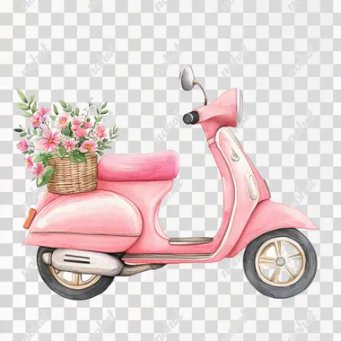 2D 4K bright color watercolor illustration cute pink scooter with a tiny floral bouquet in the basket clipart single object isolate on white background  --s 50