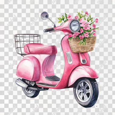 2D 4K bright color watercolor illustration cute pink scooter with a tiny floral bouquet in the basket clipart single object isolate on white background  --s 50