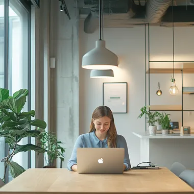 smiley person female working on the laptop in clean space with minimalistic interior, wearing blue shirt