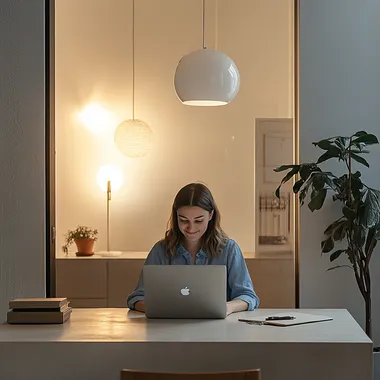 smiley person female working on the laptop in clean space with minimalistic interior, wearing blue shirt
