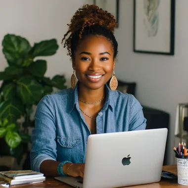 smiley person female working on the laptop in clean space with minimalistic interior, wearing blue shirt