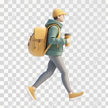 A person walking with a backpack and a coffee cup, transitioning from work mode to relaxation, trendy 3D illustration, UI friendly, isolated scene on a white background.
