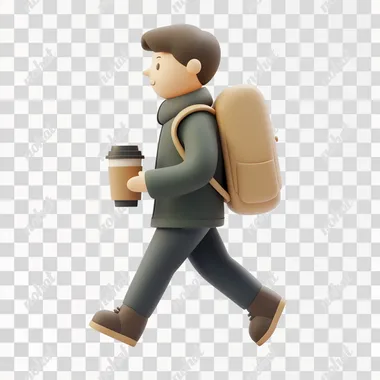 A person walking with a backpack and a coffee cup, transitioning from work mode to relaxation, trendy 3D illustration, UI friendly, isolated scene on a white background.