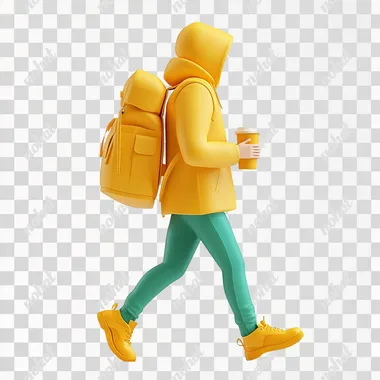 A person walking with a backpack and a coffee cup, transitioning from work mode to relaxation, trendy 3D illustration, UI friendly, isolated scene on a white background.