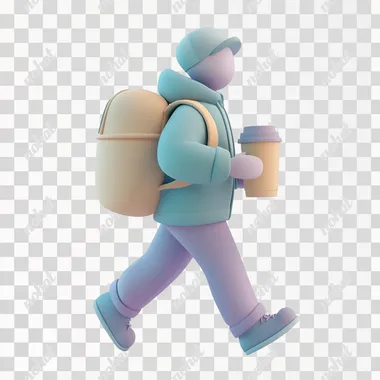 A person walking with a backpack and a coffee cup, transitioning from work mode to relaxation, trendy 3D illustration, UI friendly, isolated scene on a white background.