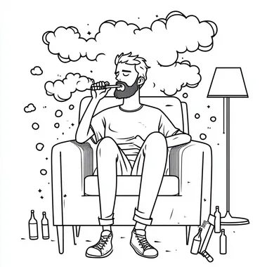 A simple line art illustration in a coloring page style, depicting an adult man sitting on a couch and smoking a vape. Small scattered clouds surround him, and additional couches are scattered across his lap. Empty drink bottles lie next to him. The background features a floor lamp. The illustration is in a cartoon style, with simple lines and low details, and no shading.