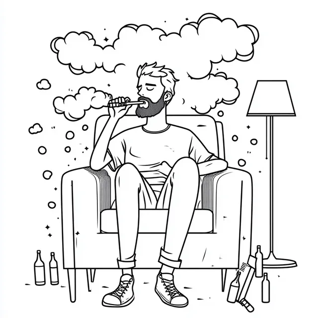 Man on Couch Drinking from Bottle with Vape and Clouds Around Him