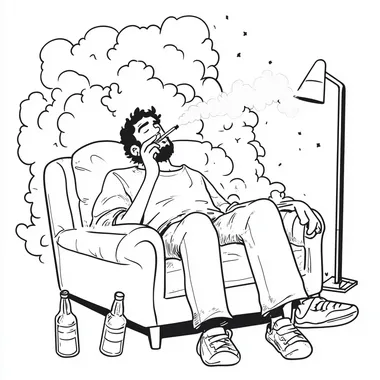 A simple line art illustration in a coloring page style, depicting an adult man sitting on a couch and smoking a vape. Small scattered clouds surround him, and additional couches are scattered across his lap. Empty drink bottles lie next to him. The background features a floor lamp. The illustration is in a cartoon style, with simple lines and low details, and no shading.