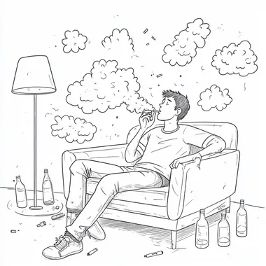A simple line art illustration in a coloring page style, depicting an adult man sitting on a couch and smoking a vape. Small scattered clouds surround him, and additional couches are scattered across his lap. Empty drink bottles lie next to him. The background features a floor lamp. The illustration is in a cartoon style, with simple lines and low details, and no shading.