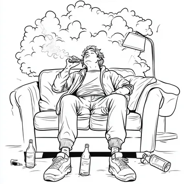A simple line art illustration in a coloring page style, depicting an adult man sitting on a couch and smoking a vape. Small scattered clouds surround him, and additional couches are scattered across his lap. Empty drink bottles lie next to him. The background features a floor lamp. The illustration is in a cartoon style, with simple lines and low details, and no shading.