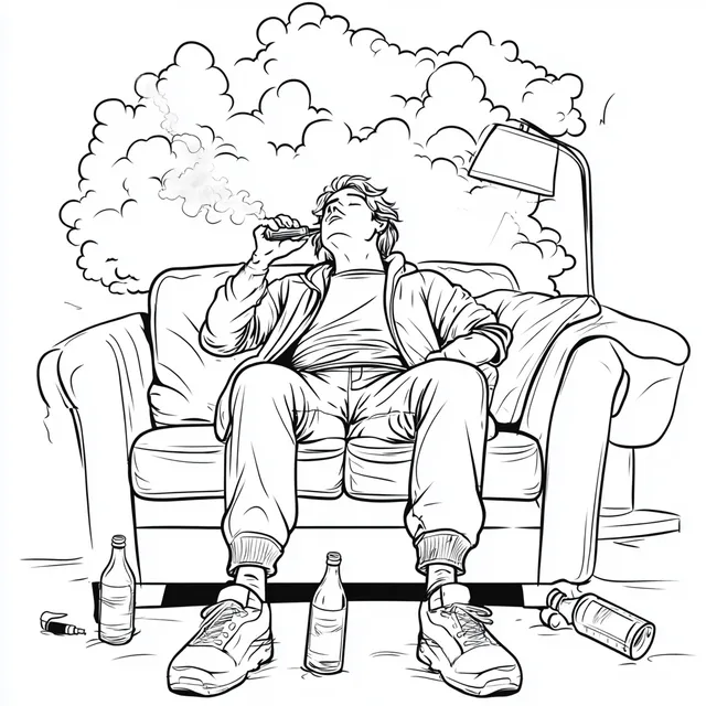 Adult man on couch with vape, beer bottles, and scattered clouds