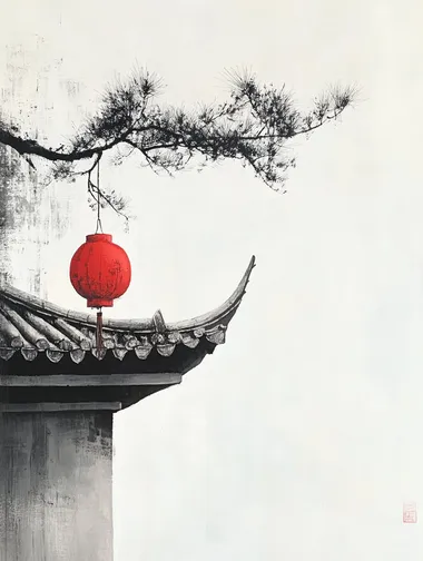 Minimalist painting, pure white background wall, highlighting a corner of the eaves, with a red lantern hanging on the eaves, clear and distinct lines