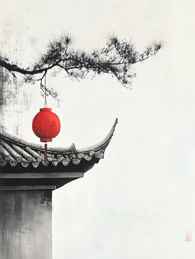 Red Lantern Hanging from Eaves of Roof Against White Background