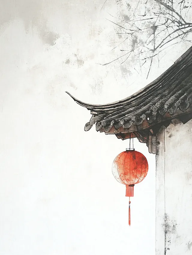 Red Lantern on Eaves of Minimalist Building with White Wall Background