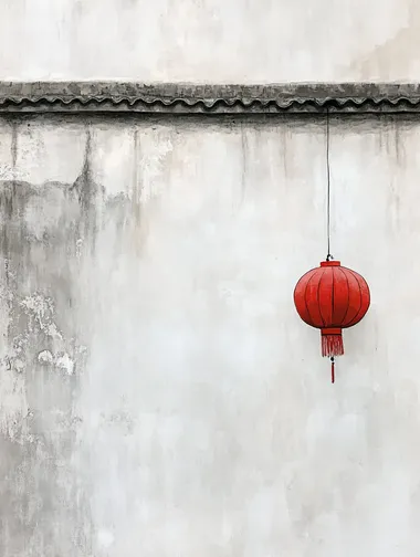 Minimalist painting, pure white background wall, highlighting a corner of the eaves, with a red lantern hanging on the eaves, clear and distinct lines