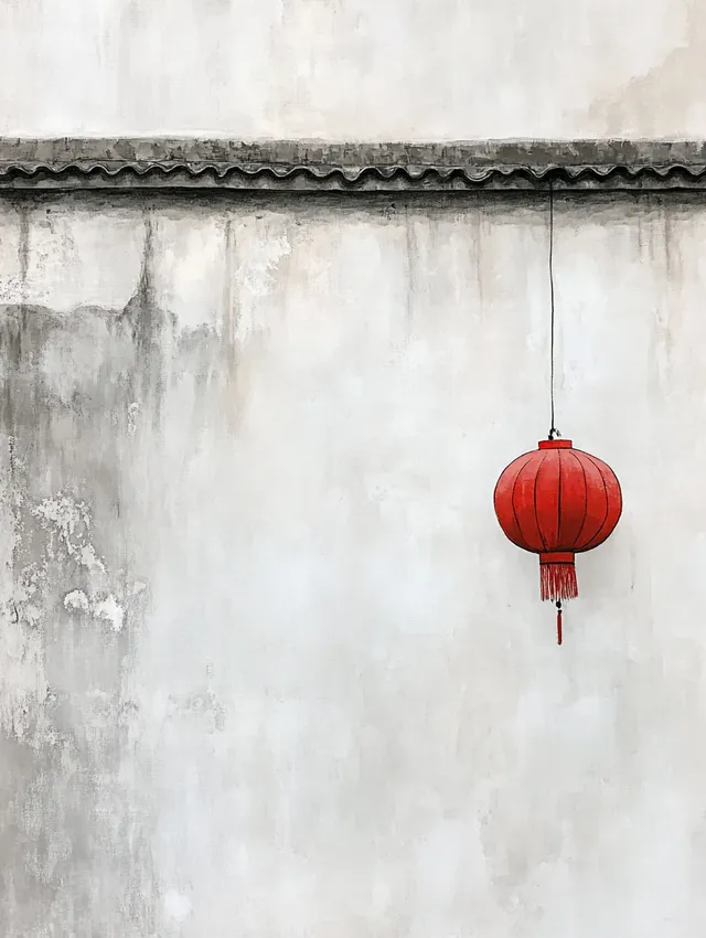 Red Lantern Hanging on Eaves in Minimalist White Living Area Artwork