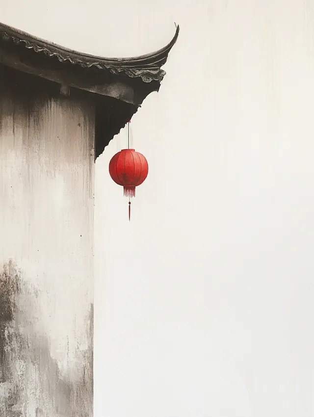 Red Lantern Hanging from Eaves of Building in Minimalist Painting