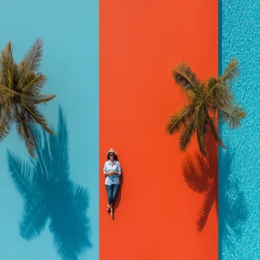 award winning photography of a swimming pool with a woman wearing a sun hat sitting on the edge, her legs in water; sun, shadow of palmtrees, neon colors, bright and strong colors. In the style of Edward Hopper.