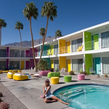 award winning photography of a swimming pool with a woman wearing a sun hat sitting on the edge, her legs in water; sun, shadow of palmtrees, neon colors, bright and strong colors. In the style of Edward Hopper.