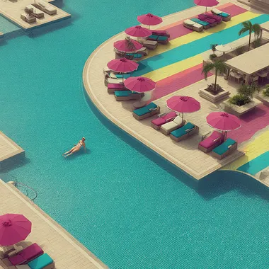 award winning photography of a swimming pool with a woman wearing a sun hat sitting on the edge, her legs in water; sun, shadow of palmtrees, neon colors, bright and strong colors. In the style of Edward Hopper.