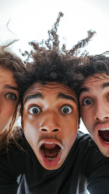 mixed race, shocked teenagers and happy, fisheye effect, white background   --s 250
