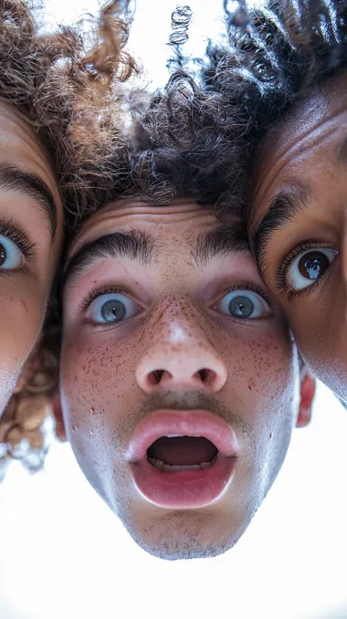 mixed race, shocked teenagers and happy, fisheye effect, white background   --s 250