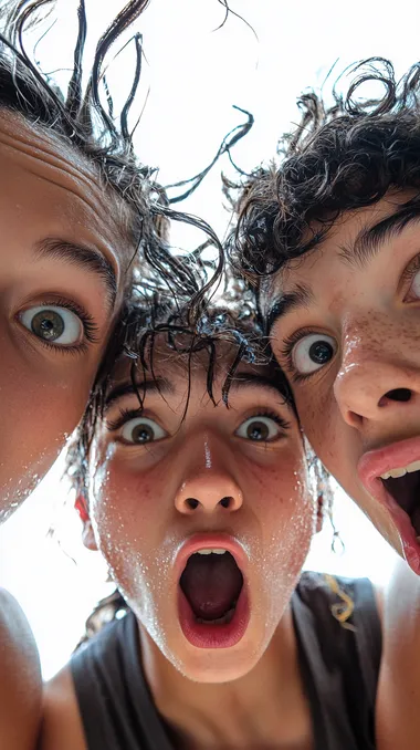 mixed race, shocked teenagers and happy, fisheye effect, white background   --s 250