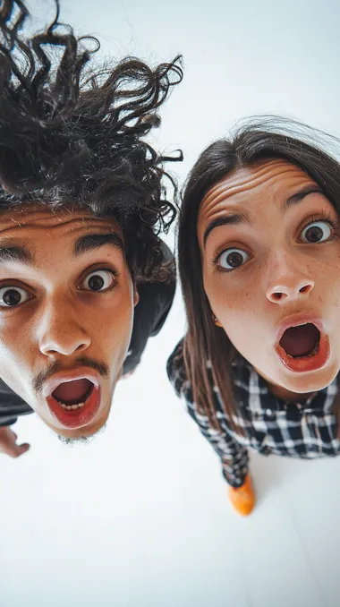 mixed race, shocked teenagers and happy, fisheye effect, white background   --s 250