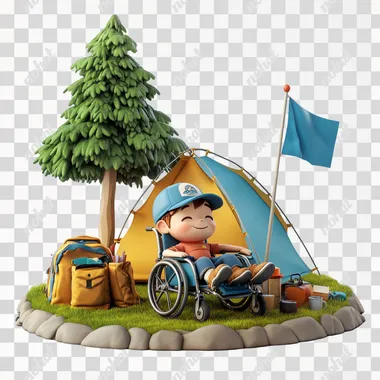 a young boy relaxing in a wheel chair with camping gear and a tent nearby, grass, tree and blue flag, wearing a baseball cap . clean and white background, 3D cartoon, Pixar style, Amazing detail, Rich and colorful, High detail, Sharp focus, High resolution, 8K, 3D rendering