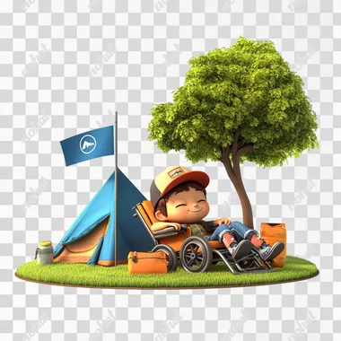 a young boy relaxing in a wheel chair with camping gear and a tent nearby, grass, tree and blue flag, wearing a baseball cap . clean and white background, 3D cartoon, Pixar style, Amazing detail, Rich and colorful, High detail, Sharp focus, High resolution, 8K, 3D rendering