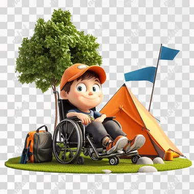 a young boy relaxing in a wheel chair with camping gear and a tent nearby, grass, tree and blue flag, wearing a baseball cap . clean and white background, 3D cartoon, Pixar style, Amazing detail, Rich and colorful, High detail, Sharp focus, High resolution, 8K, 3D rendering