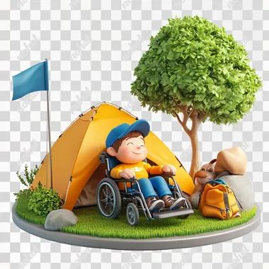 a young boy relaxing in a wheel chair with camping gear and a tent nearby, grass, tree and blue flag, wearing a baseball cap . clean and white background, 3D cartoon, Pixar style, Amazing detail, Rich and colorful, High detail, Sharp focus, High resolution, 8K, 3D rendering