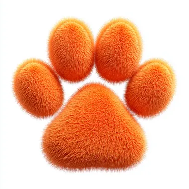 soft and fluffy cartoon paw print in Pixar style, bright orange color, warm and rounded shapes, fur-like texture around the edges, stylized as if made of plush or soft fabric, gentle 3D shading, vibrant yet cozy look, clean white background, minimal and expressive   --raw