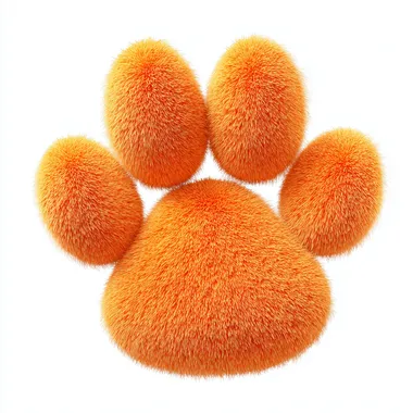 soft and fluffy cartoon paw print in Pixar style, bright orange color, warm and rounded shapes, fur-like texture around the edges, stylized as if made of plush or soft fabric, gentle 3D shading, vibrant yet cozy look, clean white background, minimal and expressive   --raw