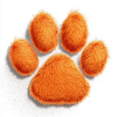 soft and fluffy cartoon paw print in Pixar style, bright orange color, warm and rounded shapes, fur-like texture around the edges, stylized as if made of plush or soft fabric, gentle 3D shading, vibrant yet cozy look, clean white background, minimal and expressive   --raw