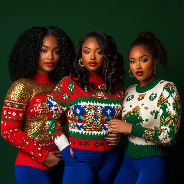 Three beautiful African American women in their 30s wearing vibrant and playful ugly Christmas sweaters that contrast a dark Christmas green background. One has caramel skin, glowing with soft, warm lighting, and wears a bright red and white sweater with festive holiday patterns. Another has features inspired by Ari Fletcher, with sleek black hair, and a striking gold and blue sweater. The third woman complements the group with rich brown skin, and a cheerful sweater in bold green and silver with fun holiday accents. The women are standing together, smiling and posing confidently, exuding joyful holiday energy. Realistic style, highly detailed textures for skin, hair, and clothing, with a soft, festive glow to enhance the holiday vibe.