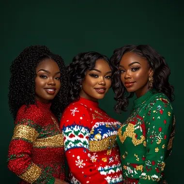 Three beautiful African American women in their 30s wearing vibrant and playful ugly Christmas sweaters that contrast a dark Christmas green background. One has caramel skin, glowing with soft, warm lighting, and wears a bright red and white sweater with festive holiday patterns. Another has features inspired by Ari Fletcher, with sleek black hair, and a striking gold and blue sweater. The third woman complements the group with rich brown skin, and a cheerful sweater in bold green and silver with fun holiday accents. The women are standing together, smiling and posing confidently, exuding joyful holiday energy. Realistic style, highly detailed textures for skin, hair, and clothing, with a soft, festive glow to enhance the holiday vibe.
