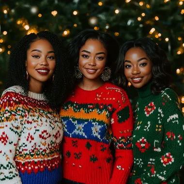 Three beautiful African American women in their 30s wearing vibrant and playful ugly Christmas sweaters that contrast a dark Christmas green background. One has caramel skin, glowing with soft, warm lighting, and wears a bright red and white sweater with festive holiday patterns. Another has features inspired by Ari Fletcher, with sleek black hair, and a striking gold and blue sweater. The third woman complements the group with rich brown skin, and a cheerful sweater in bold green and silver with fun holiday accents. The women are standing together, smiling and posing confidently, exuding joyful holiday energy. Realistic style, highly detailed textures for skin, hair, and clothing, with a soft, festive glow to enhance the holiday vibe.