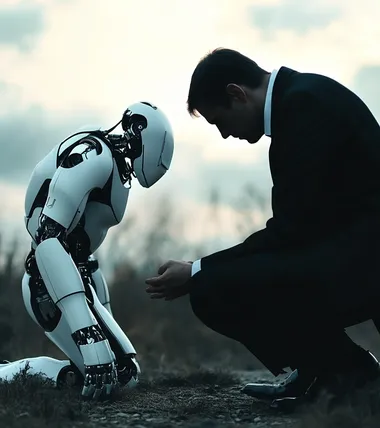 humanoid robot kneeled in front of man