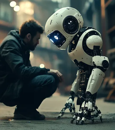 humanoid robot kneeled in front of man