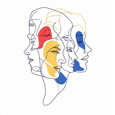 Multiple personas showed in a face outline illustration. This should be a modern line that show different types of users in an abstract fashion