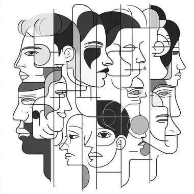 Multiple personas showed in a face outline illustration. This should be a modern line that show different types of users in an abstract fashion