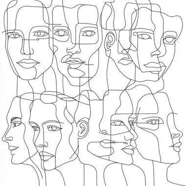 Multiple personas showed in a face outline illustration. This should be a modern line that show different types of users in an abstract fashion