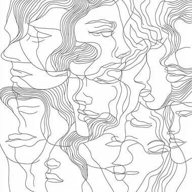 Multiple personas showed in a face outline illustration. This should be a modern line that show different types of users in an abstract fashion