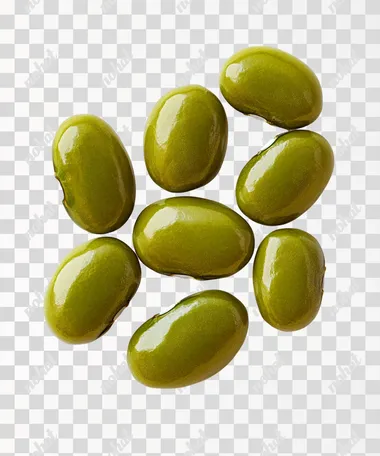 A mung bean, rendered with real textures and a white background. The beans are oval in shape with visible seed teeth on the surface. It is depicted as a solid, high quality, oc rendered without any internal structure or reflection  --s 250