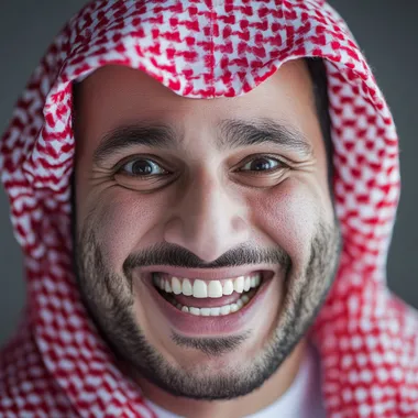 Create a close-up portrait of a cheerful, sarcastic Saudi man in his early 30s, wearing a red and white keffiyeh. He has an exaggerated wide smile, playful eyes, and an expressive face as if he's in the middle of teasing someone in a friendly manner. The background is minimal to keep the focus on his humorous and animated expression. The lighting should be bright and playful, capturing a fun, light-hearted atmosphere, emphasizing his mischievous and teasing personality.