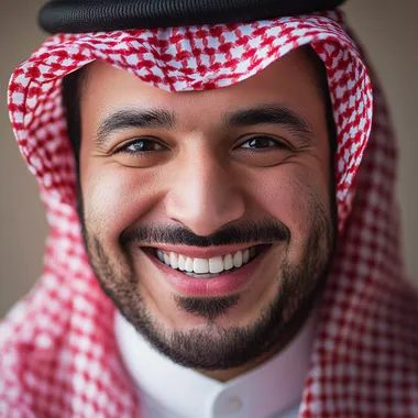 Create a close-up portrait of a cheerful, sarcastic Saudi man in his early 30s, wearing a red and white keffiyeh. He has an exaggerated wide smile, playful eyes, and an expressive face as if he's in the middle of teasing someone in a friendly manner. The background is minimal to keep the focus on his humorous and animated expression. The lighting should be bright and playful, capturing a fun, light-hearted atmosphere, emphasizing his mischievous and teasing personality.