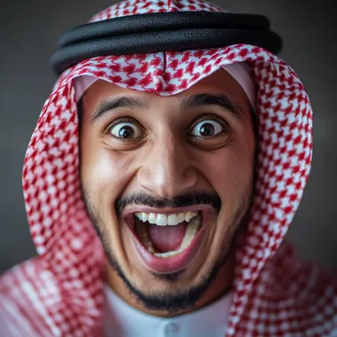 Create a close-up portrait of a cheerful, sarcastic Saudi man in his early 30s, wearing a red and white keffiyeh. He has an exaggerated wide smile, playful eyes, and an expressive face as if he's in the middle of teasing someone in a friendly manner. The background is minimal to keep the focus on his humorous and animated expression. The lighting should be bright and playful, capturing a fun, light-hearted atmosphere, emphasizing his mischievous and teasing personality.